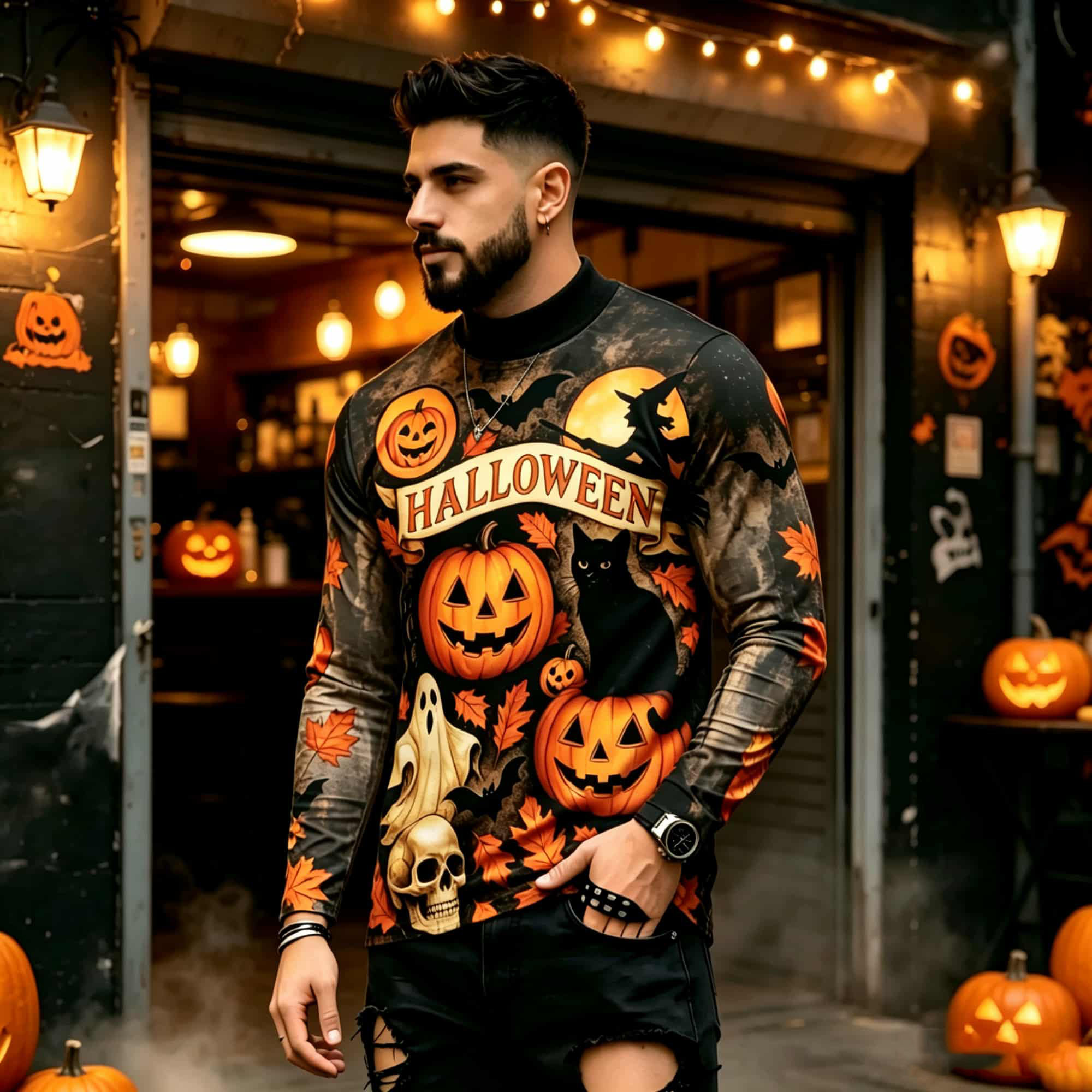 Mens Fashion Black Shirt - T-shirt à manches longues imprimé Halloween,